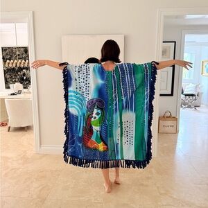 Blue Lady Printed Face Open Front Fringe Kimono Swim Cover up Vibrant Artistic